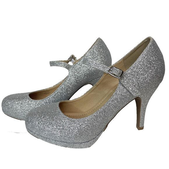 Daily Shoes Silver Glitter Mary Jane Pump SZ 9 Holiday Party Glamour Sparkly - Picture 1 of 8